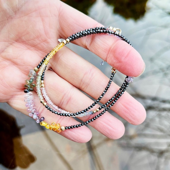 Handmade Natural Sapphire, Black Diamond Necklace Wrap Bracelet Solid 14k Gold - Picture 10 of 11